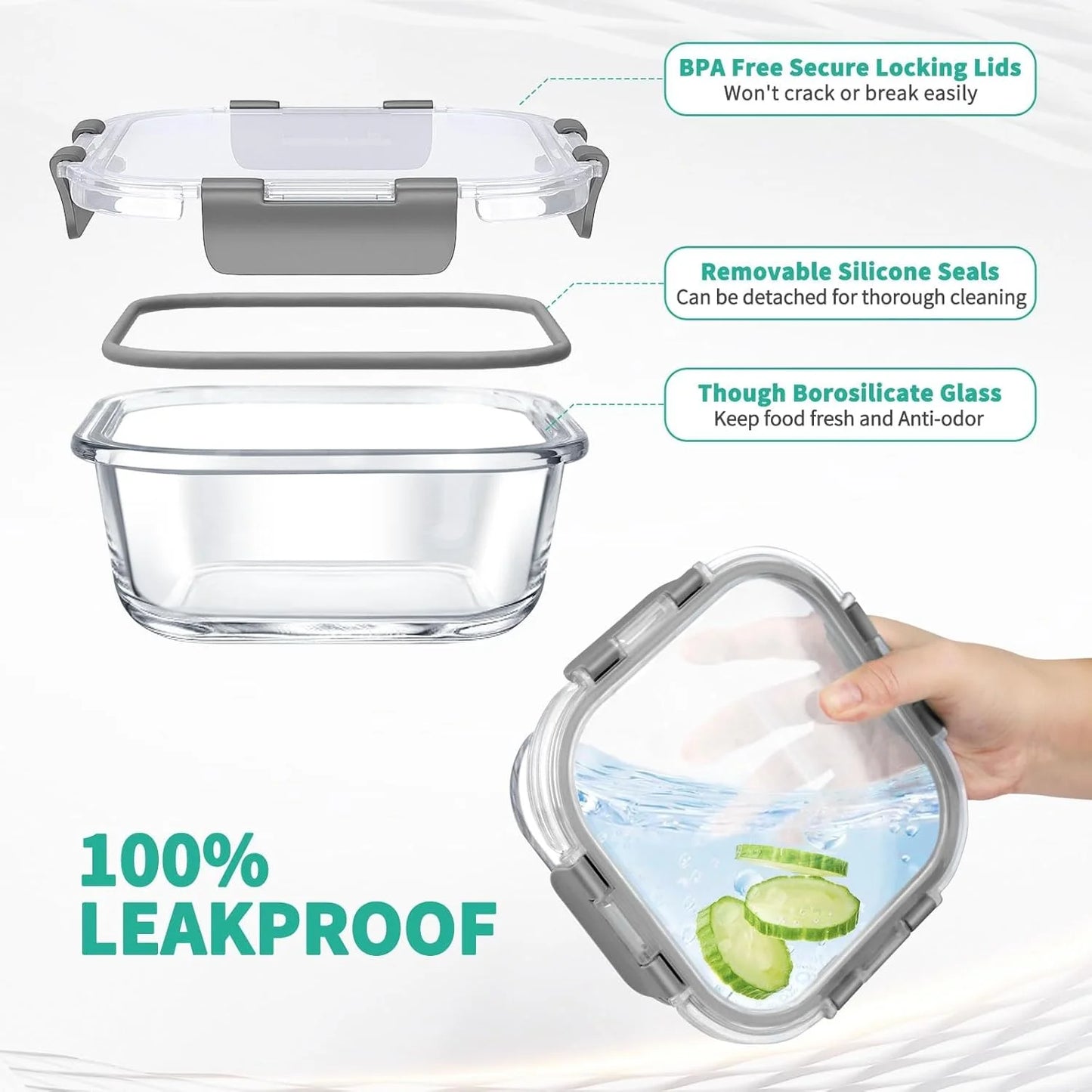 34Pcs Glass Food Storage Containers with Lids Set, Airtight Meal Prep Containers (17 Containers & 17 Lids), Grey