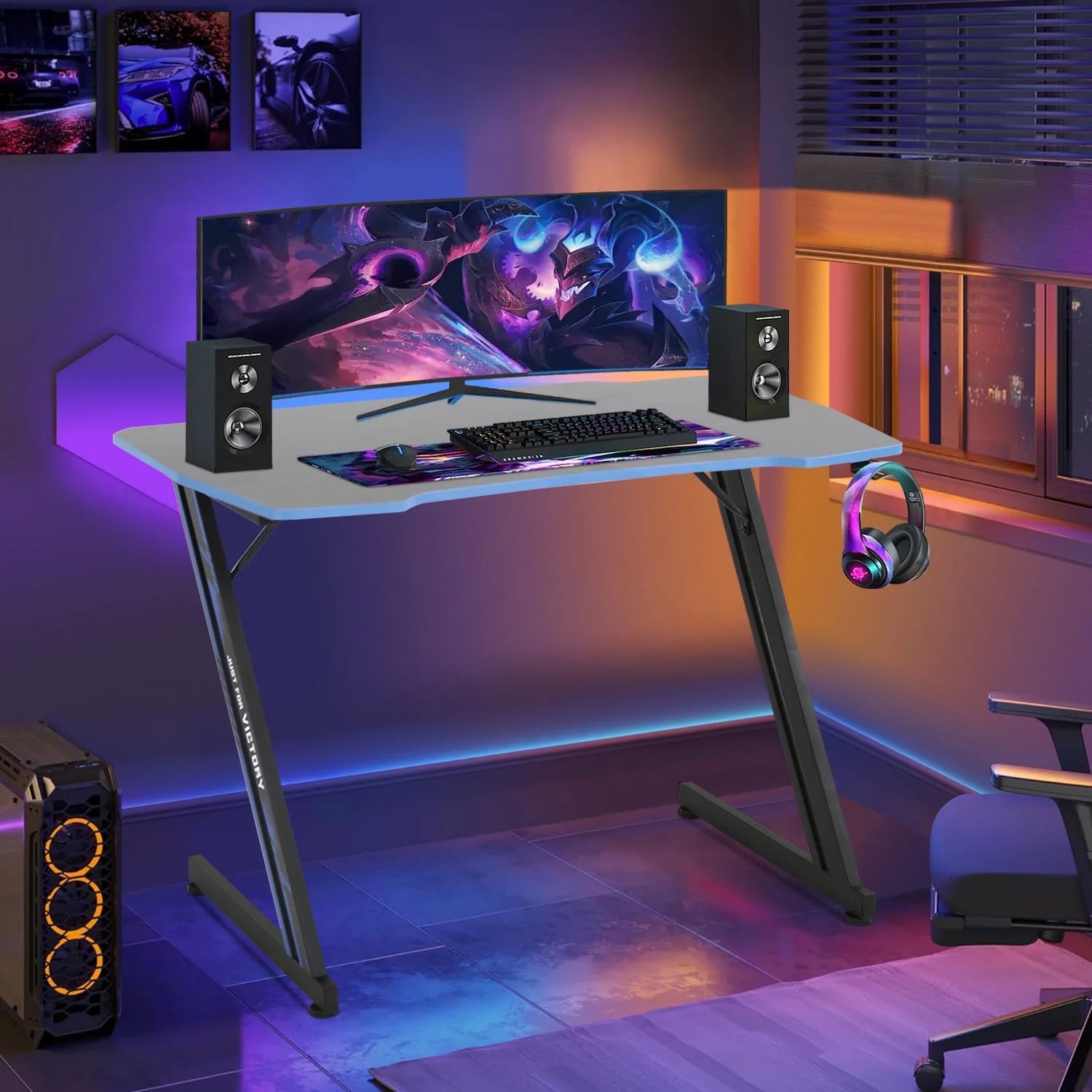 47 Inch Gaming Desk, Z-Shaped PC Computer Table Ergonomic Gamer Workstation with Headphone Hook for Home Office, Red