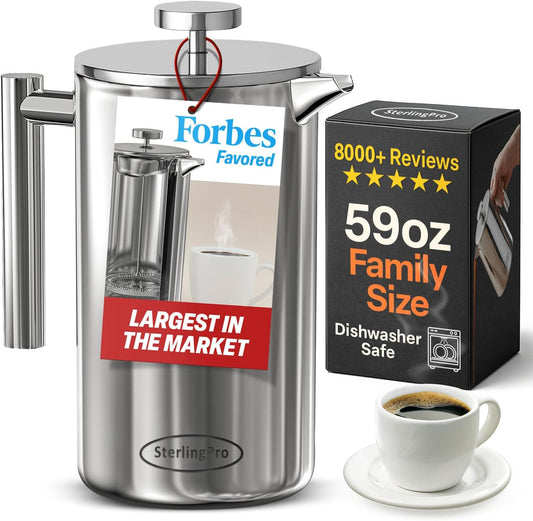 Stainless Steel French Press Coffee Maker 1.75 L (59 Oz) Mirror – Double Walled Insulated Extra Large French Press, Durable Design Keeps Drinks Hot, Easy to Use and Clean for Rich Flavor
