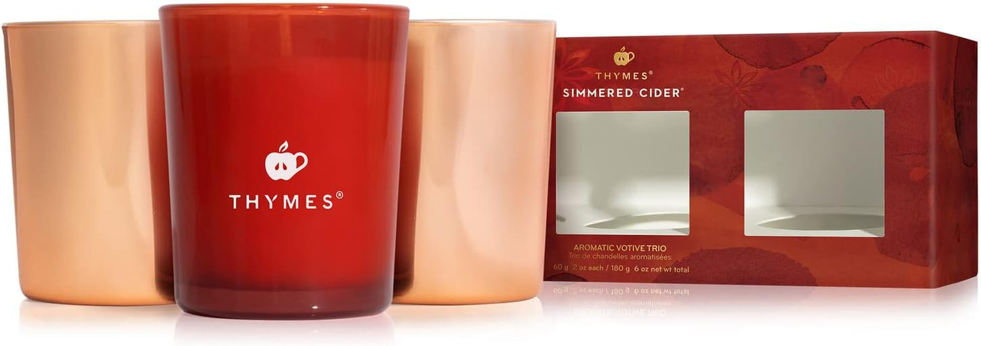 Aromatic Votive Trio – Set of Three Votive Candles – Luxury Home Fragrance – Scented Candles with Notes of Freshly Pressed Apple, Clove, & Cardamom – Red & Rose Gold (Simmered Cider, 2 Oz Each)