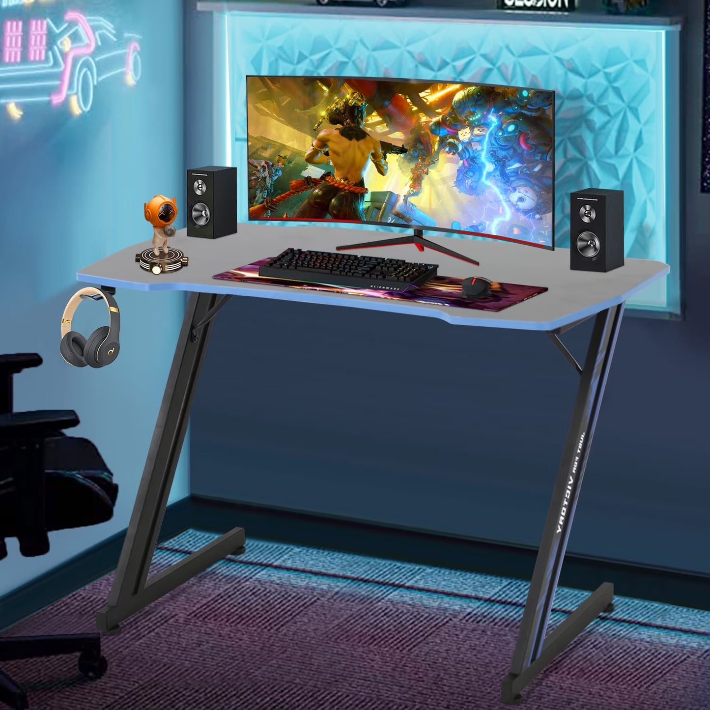 47 Inch Gaming Desk, Z-Shaped PC Computer Table Ergonomic Gamer Workstation with Headphone Hook for Home Office, Red