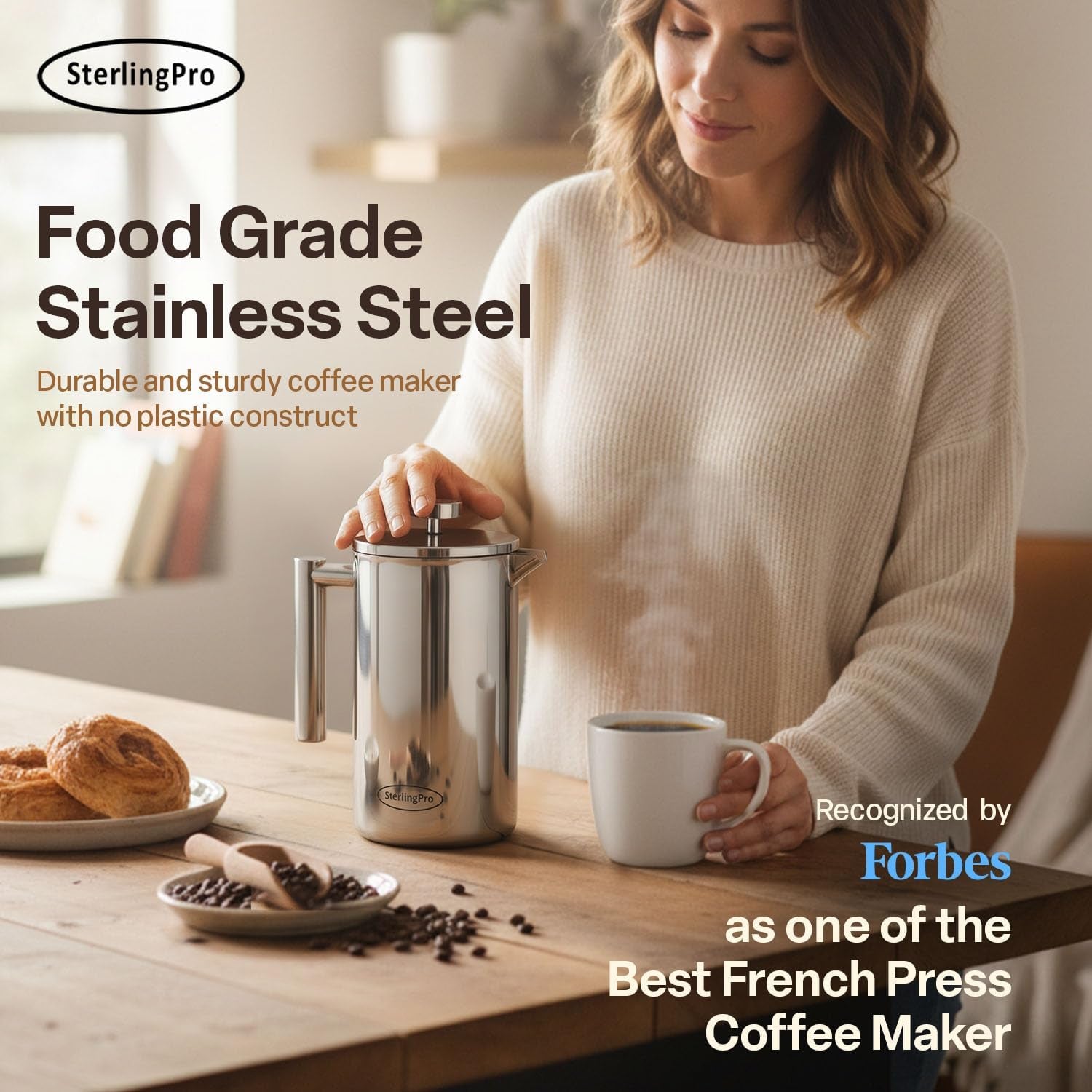 Stainless Steel French Press Coffee Maker 1.75 L (59 Oz) Mirror – Double Walled Insulated Extra Large French Press, Durable Design Keeps Drinks Hot, Easy to Use and Clean for Rich Flavor
