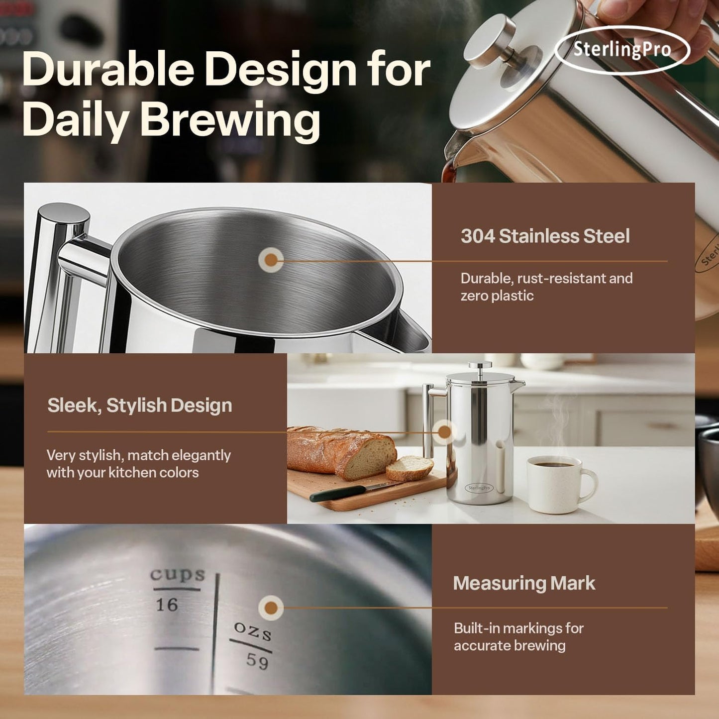 Stainless Steel French Press Coffee Maker 1.75 L (59 Oz) Mirror – Double Walled Insulated Extra Large French Press, Durable Design Keeps Drinks Hot, Easy to Use and Clean for Rich Flavor