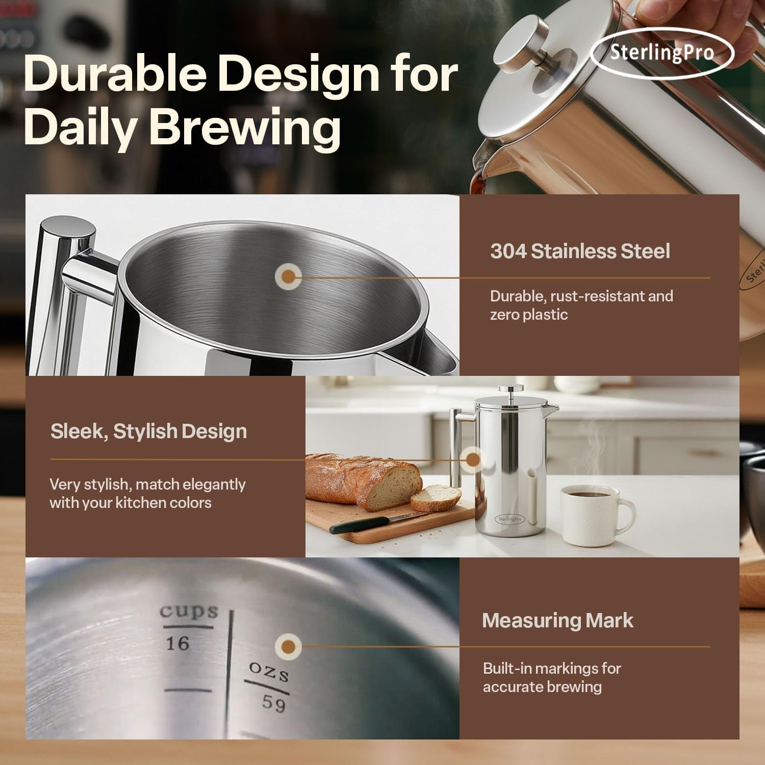 Stainless Steel French Press Coffee Maker 1.75 L (59 Oz) Mirror – Double Walled Insulated Extra Large French Press, Durable Design Keeps Drinks Hot, Easy to Use and Clean for Rich Flavor