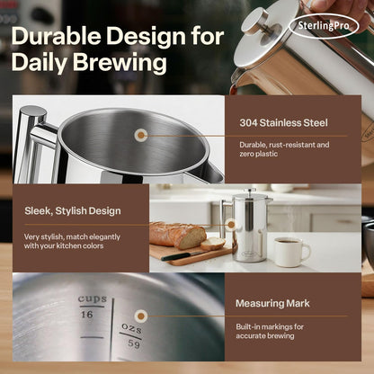 Stainless Steel French Press Coffee Maker 1.75 L (59 Oz) Mirror – Double Walled Insulated Extra Large French Press, Durable Design Keeps Drinks Hot, Easy to Use and Clean for Rich Flavor