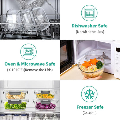 34Pcs Glass Food Storage Containers with Lids Set, Airtight Meal Prep Containers (17 Containers & 17 Lids), Grey