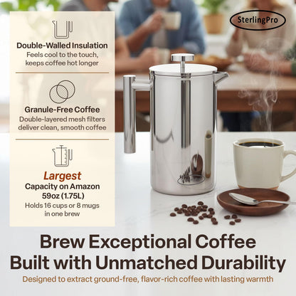 Stainless Steel French Press Coffee Maker 1.75 L (59 Oz) Mirror – Double Walled Insulated Extra Large French Press, Durable Design Keeps Drinks Hot, Easy to Use and Clean for Rich Flavor